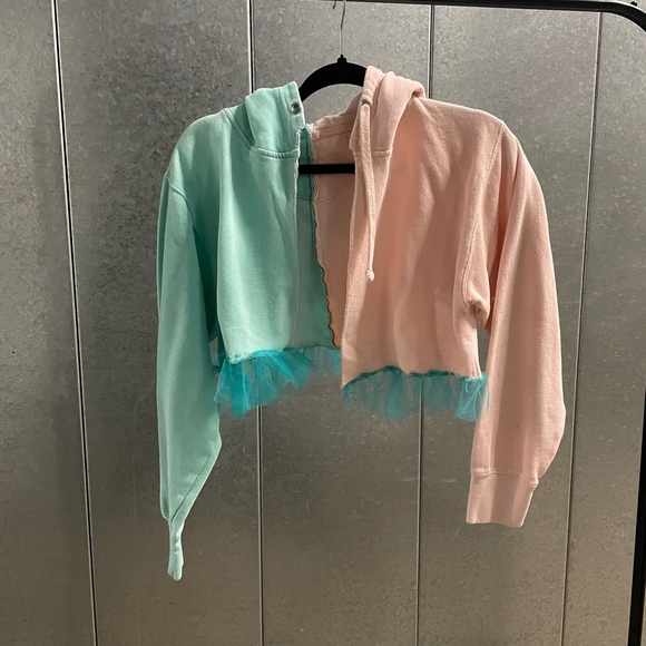 Custom handmade pink and aqua sweater with tulle - Picture 4 of 7